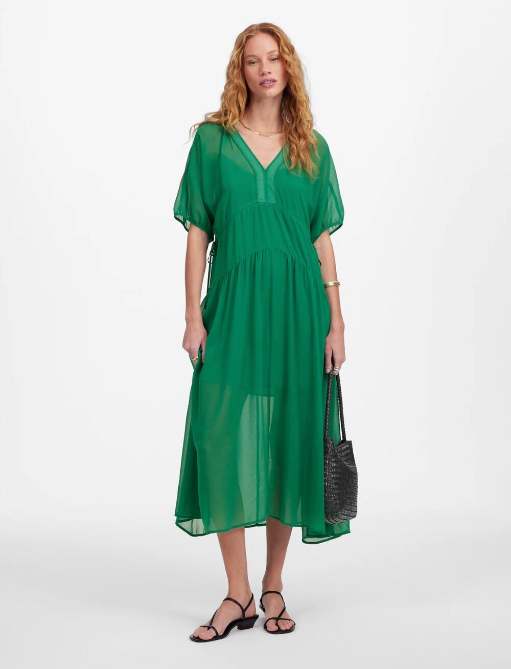 Madewell Sheer V Neck Dolman Maxi Dress Lightweight Chiffon Verdant Green S NWT
